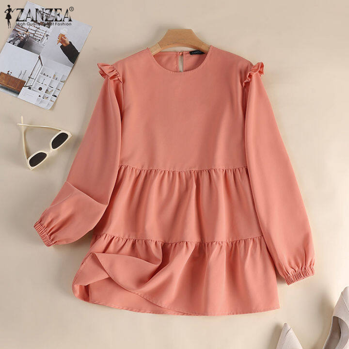 สินค้ามาใหม่-จัดส่งฟรี-fancystyle-zanzea-แขนยาวมุสลิมสำหรับผู้หญิงเสื้อเสื้อยืดคอกลมแบบสวมหัวมีหลายชั้น