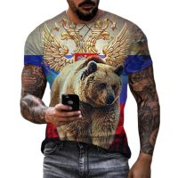 Fashion Russia Bear 3D Print Mens T-shirts Summer Round Neck Russian Flag Short Sleeve Mens Clothing Streetwear Oversized Tops