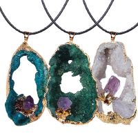 1PC Natural Druzy Stone Pendant Connecter Metal Mineral Specimen Agates Pendant With Hollow Gold Trim Jewelry DIY Necklace