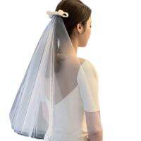 งานแต่งงานเจ้าสาวริบบิ้น Bowknot อุปกรณ์เสริมผมคลิปตาข่ายสีขาว Tulle Veil 24BC