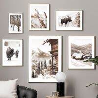 ฤดูหนาว Snow Mountain Forest Reed Fox Cattle Elk Wall Art ภาพวาดผ้าใบโปสเตอร์และพิมพ์สำหรับตกแต่งห้องนั่งเล่น