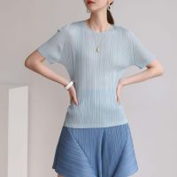 2023 Hot Miyake tops for women summer new style pleated short-sleeved T-shirts simple large size slimming bottoming shirts small shirts versatile and loose