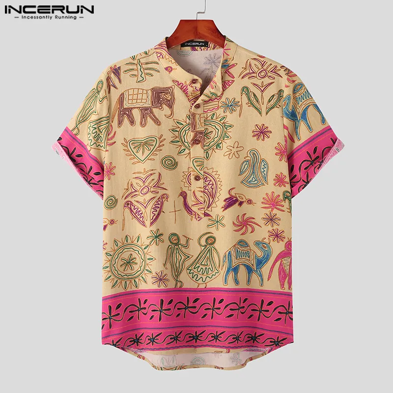 Mens floral printing ethnic style cotton store shirts short sleeve loose casual shirt tops