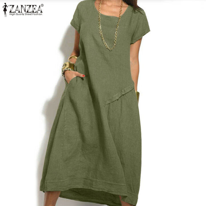 สินค้ามาใหม่-จัดส่งฟรี-fancystyle-zanzea-ชุดซันเดรสคลุมเข่ากระเป๋าด้านข้างวินเทจลำลองคอกลมชุดเดรสเรียบง่ายแขนสั้นสตรี-15