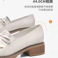 Womens Leather Shoes Spring Autumn Casual Genuine Soft White Soft-Soled Bow Mid-Heel Round Toe Single Anti-Slip Flat