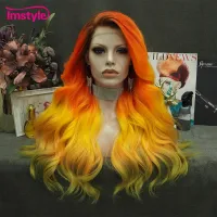 Imstyle Orange Wig Synthetic Lace Front Wig Natural Wavy Wigs For Women Heat Resistant Fiber Two Tone Cosplay Wigs Wig  Hair Extensions Pads