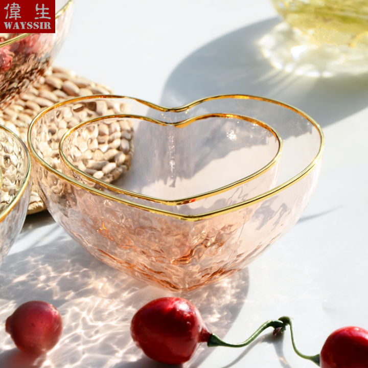 white-and-pink-color-heart-shaped-crystal-glass-gold-rim-bowl-breakfast-fruit-oatmeal-salad-rice-noddlebowl-household-dinnerware