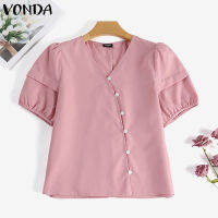 VONDA เสื้อสตรีแขนยาวพัฟคอวีสำหรับผู้หญิงเสื้ออเนกประสงค์ทรงทแยงหัวเข็มขัดใส่สบาย (ลำลองแบบเกาหลี) #2