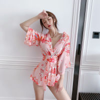 Sexy underwear uniform temptation print bandage waist closure sexy kimono nightdress set 6SVR