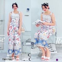 [ส่งไว!] M17582  Jumpsuit จั้มสูทสายเดี่ยวผูกไหล่ ขายาว ผ้าไหมอิตาลี่ พิมลายกราฟฟิก