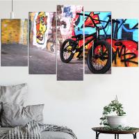 Graffiti จักรยานโปสเตอร์ภาพ Modular-5ชิ้น Wall Art ภาพวาดผ้าใบ-ห้องนั่งเล่นสมัยใหม่จัดส่งฟรี-ตกแต่งบ้านที่สมบูรณ์แบบสำหรับ Urban Art Lovers