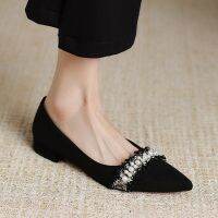 HOT★ผู้หญิงแฟลต Elegantes ตื้น Sepatu Slip On สำหรับหญิงไข่มุกเรือรองเท้ารองเท้าส้นสูงรองเท้าชุดเดรส Pointed Toe Office รองเท้า9923N