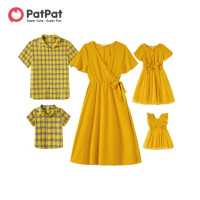 【YF】 PatPat Family Matching Outfits 100  Cotton Yellow Plaid Shirts and Solid Surplice Neck Ruffle-sleeve Self Tie Dresses Sets