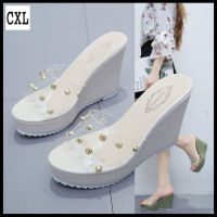 ┋✕ CXL Brand Korean Version Fashion Slippers 4.33 Inches High Heels Transparent Sexy Wedge Sandals For Women (35-40 Size)