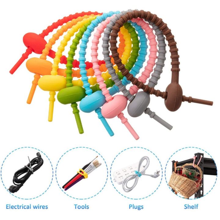 reusable-silicone-cable-ties-heavy-duty-reusable-zip-tiesassorted-colors-smart-ties-cord-wrap-organizer-rubber-twist-ties10pcs