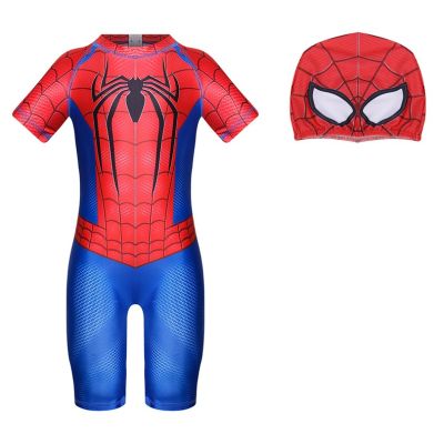ชุดว่ายน้ำวันพีซ Spidermans ลายการ์ตูนสำหรับเด็กชายชุดว่ายน้ำแขนสั้นสีดำสุดเท่0408