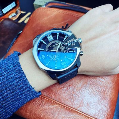 【Hot seller】 European and trendy watch mens personality large dial three-dimensional fashion Korean version pull waterproof luminous calendar quartz