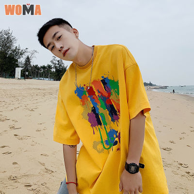 WOMA เสื้อยืดแขนสั้นผู้ชาย ฮ่องกงเสื้อยืดนำเทรนด์ทุกอย่างหลวมแขนสามส่วน