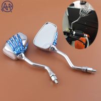 For All 10mm/8mm Mirror Bolt Honda Suzuki Motorcycle Chrome Blue Metal Skeleton Skull Hand Claw Rear-View Clear Lens Side Mirror