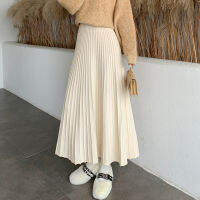 Winter Thickened Rib Knitted Large Swing Maxi Long Skirts Elegant Solid A-line Pleated Ankle Length Knit Skirts Coffree Beige