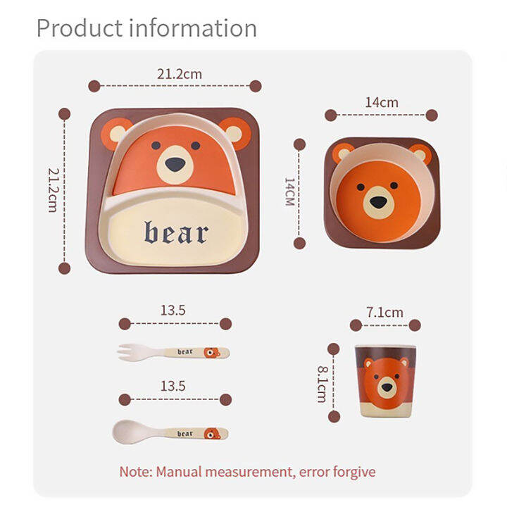 hamshmoc-ช้อนจานเด็กสำหรับเด็กทารกชุดโต๊ะอาหารสำหรับเด็ก-serat-bambu-5ชิ้นช้อนส้อมถ้วยการให้อาหารแบบชามจานรับประทานอาหารลายการ์ตูนน่ารักสำหรับเด็กทารกการฝึกกินด้วยตัวเองทำความสะอาดง่าย
