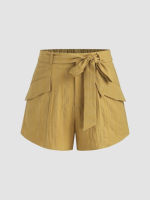 Cider Linen-blend Solid Middle Waist Straight Leg Shorts With Belt