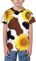 Cow Print Yellow Sunflower Youth Short Sleeve T-Shirt 3D Graphic Tee Tops Shirts for Boys Teens