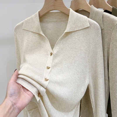 [Spot] design sense niche V-neck long-sleeve knitwear womens autumn and winter western style top base shirt sweater 2023