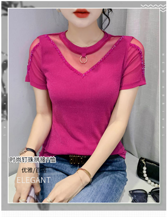 yimei-korean-fashion-beaded-t-shirt-for-women-2023-summer-new-sexy-mesh-top-for-women-thin-foreign-slim-fitting-womens-t-shirt