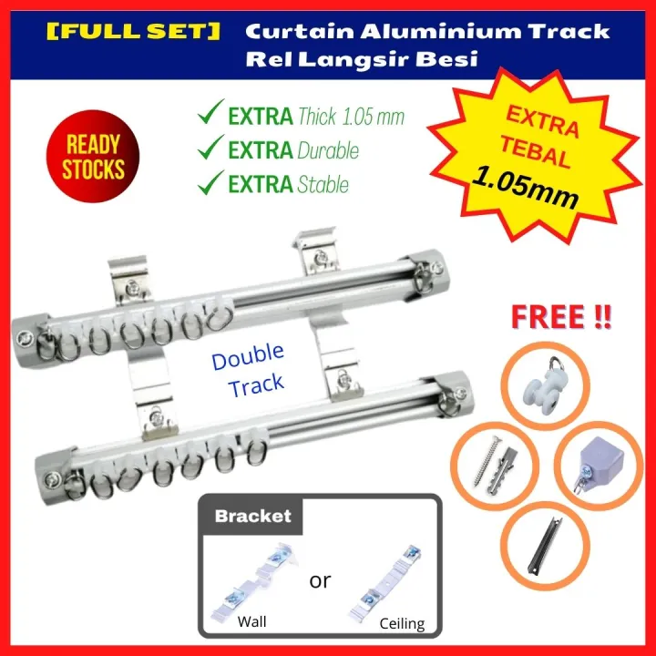 [Full Set] 1.05mm EXTRA THICK DOUBLE Curtain Track Aluminium Rail, Railing, Besi, Rel Batang