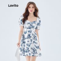 ☾﹍ Lovito Vintage Floral Short Sleeves A-Line Mini Dress for Women L49ED112 (Blue and White)