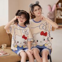 Sanrios Kuromi Hellokittys กางเกงขาสั้นแขนสั้นใหม่สำหรับฤดูร้อนชุดนอนผ้าฝ้าย Pakaian Rumahan เสื้อผ้าแม่ลูก