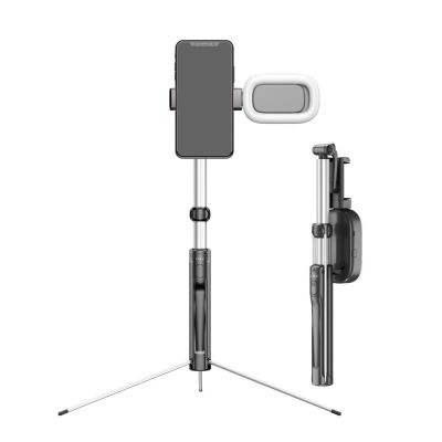 แท่งเซลฟี่่บลูทูธพร้อมไฟ LED ระดับไฮเอนด์อเนกประสงค์สำหรับถ่ายรูปโทรศัพท์มือถือขาตั้งกล้องโต๊ะพับเก็บได้อะลูมินัมอัลลอยสด