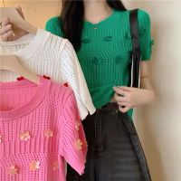 A one(พร้อมส่ง/ใหม่)#17010เสื้อยืดไหมพรมคอกลมเสื้อเชิ้ตแขนสั้นผู้หญิงฤดูร้อนสไตล์ฝรั่งเศส