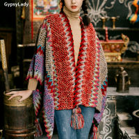 GypsyLady วินเทจ Boho เสื้อคลุมเสื้อคลุมด้านบนสีแดงผู้หญิงฤดูใบไม้ร่วงฤดูหนาวดอกไม้ถัก P Oncho เสื้อคลุม T Assels เก๋เสื้อคลุม P Oncho ทนกว่า