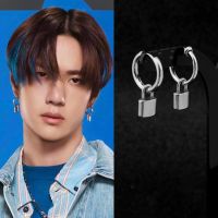 New KPOP Stainless Steel Earrings Idol Punk Padlock Stud Earring Lock Pendant Ear Clip for Women Men Star Same Style Jewelry