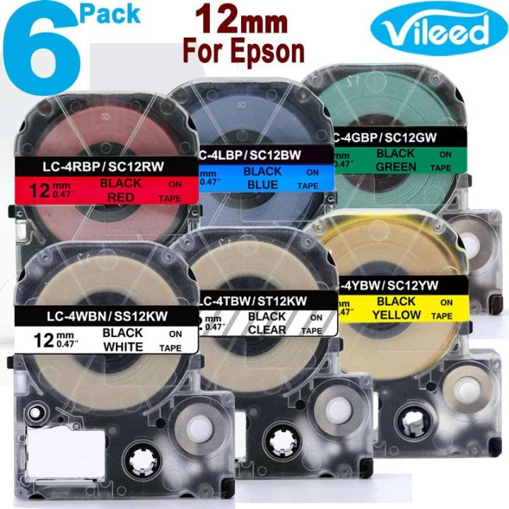Compatible 6 Pack Multicolor 12mm Label Tape for Epson KingJim  Color Print Cartridge White Clear Red Blue Green Yellow Mixed Colors for Color Label Printer LabelWorks LW-300 LW-400 LW-600P LW-700 LW-900P LW-1000P LW-K200 LW-K400