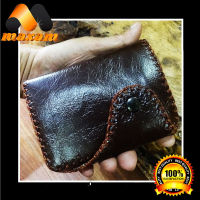 Cowhide Leather กระเป๋าสตางค์ 2 พับสั้น หนังแท้ของแท้ แบบมีหูมาปิดกระเป๋าด้านหน้า ถักขอบตลอดใบ สีน้ำตาลเข็ม