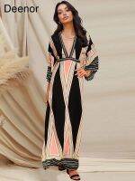 Deeror Deep V-neck Dress Women Design Trendy Ancient Pattern Ankle-length Long Vintage Party Beach Dress Bohemian Vacation