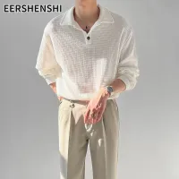 EERSHENSHI เสื้อโปโลผู้ชาย เสื้อเชิ้ตแขนยาวสีทึบ เสื้อโปโลแฟชั่นสไตล์เกาหลี