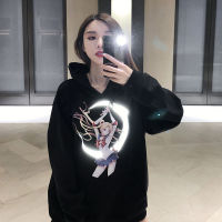 Harajuku Sailor Moon Cartoon Print Hoodie Women Loose Casual Reflective Material Long Sleeve Pullover Tops Streetwear Sweatshirt