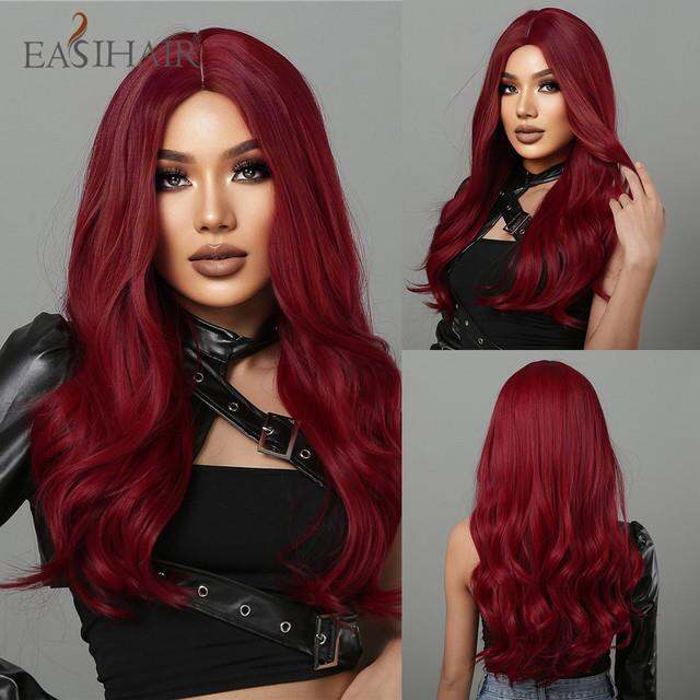 easihair-ยาวหยักศกสังเคราะห์สีดำสีน้ำตาลเข้มวิกผมตรงส่วนตรงกลางสำหรับผู้หญิงทุกวันคอสเพลย์ปาร์ตี้ทนความร้อน