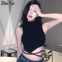 Zhu Xia เสื้อเสื้อแขนกุดคอกลมแขนกุดเปิดหลังสั้นสำหรับผู้หญิงดีไซน์สายเดี่ยว