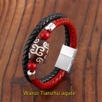 New 4D Dzi Beads Natural Agate Two-tone Fashion Charm Jewelry Women Bracelet 316L Stainless Steel Leather Cord Bracelet