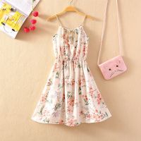 เสื้อผ้าแฟชั่นสำหรับสุภาพสตรี Female small and pure and fresh flower long chiffon dress skirt with shoulder-straps accept waist A sweet words printed cultivate ones morality show thin