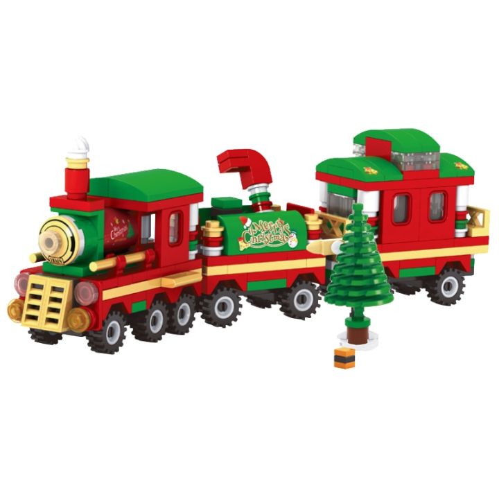 ของเล่นตัวต่อรูปซานตารถไฟสำหรับเทศกาลคริสต์มาสบล็อกตัวต่อสำหรับเพื่อนในหมู่บ้านฤดูหนาว