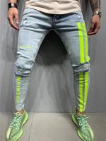 Biker Ripped Jeans Men Skinny Striped Zipper Denim Hole Wash Vintage Hip Hop Work Trousers Slim Printed Jeans European Big Size