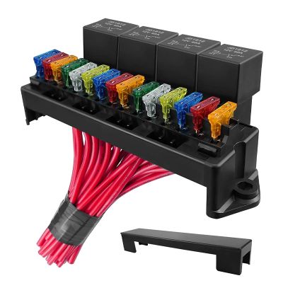 12V 15Ways Car Boat Fuse Relay Box Kit 4 Relays Multi-circuit Assembly 15 Slot Fuse Holder with Relays Fuses for Auto Car Truck Fuses Accessories
