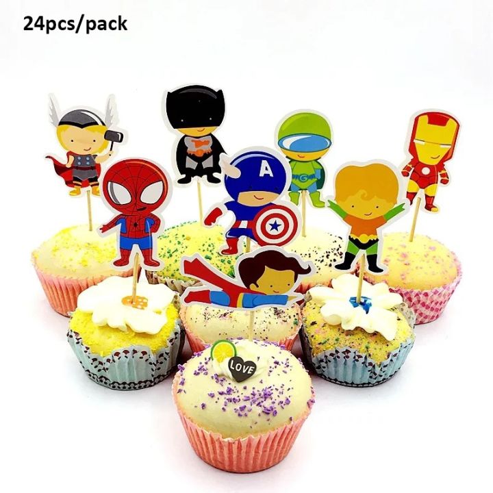 cw-24pcs-superhero-theme-birthday-decorations-toppers-baby-shower-cakecup-supplies