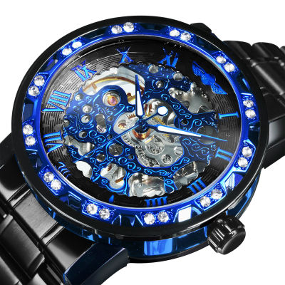 WINNER Transparent Skeleton Watch for Men Mechanical Wristwatches Iced Out Watches Mens 2021 Luxury Stainless Steel Strap Clock